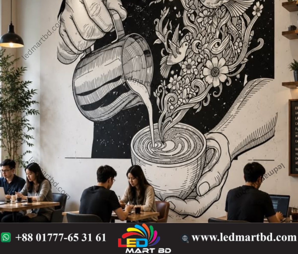 Elevate your cafe with innovative Coffee Shop Wall Sticker Design in Bangladesh, blending modern typography and warm textures for a cozy, trendy edge.